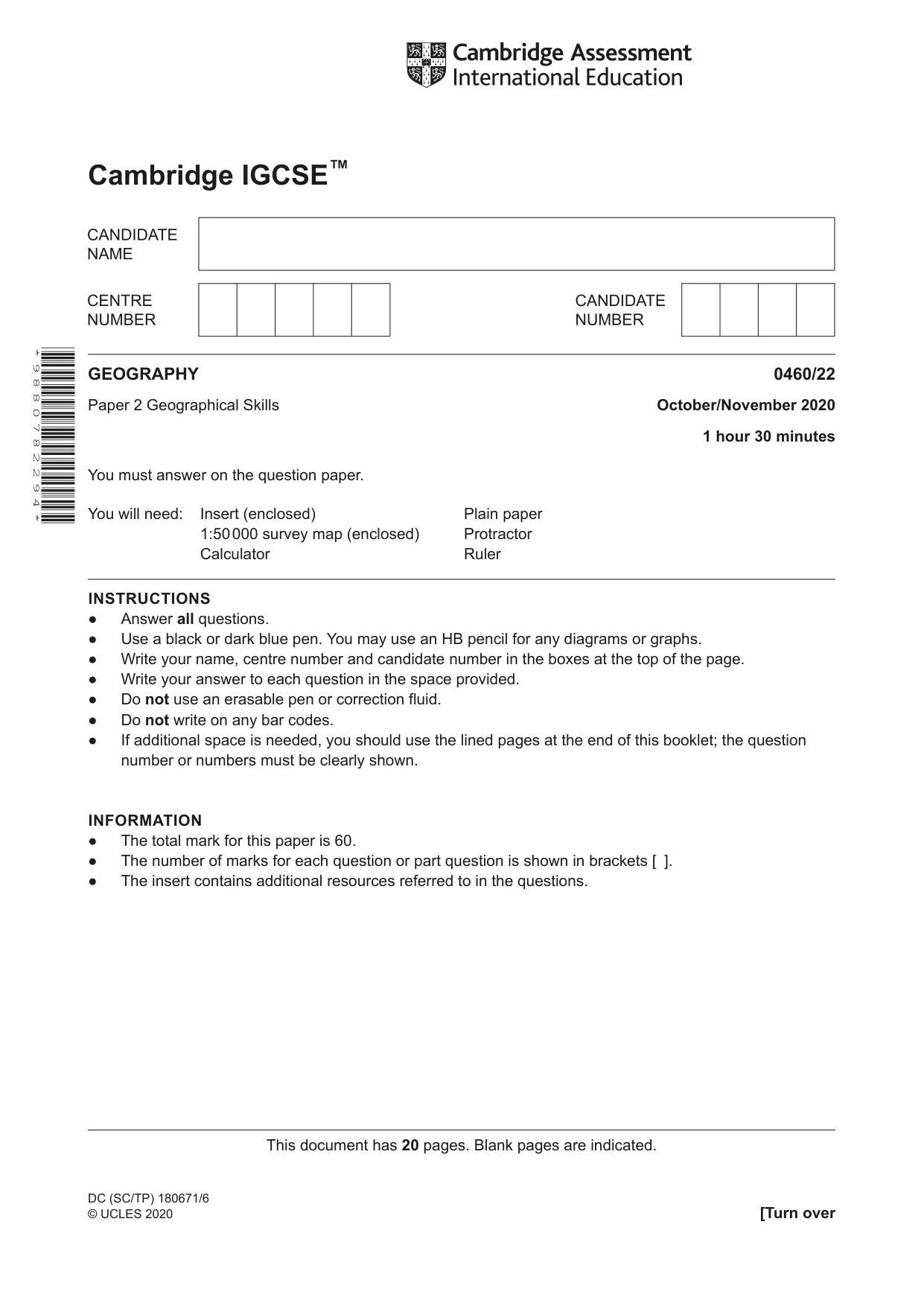 Cambridge IGCSE Geography 0460 2020 Oct/Nov Paper 2 · Variant 2 question paper, page 1 of 20