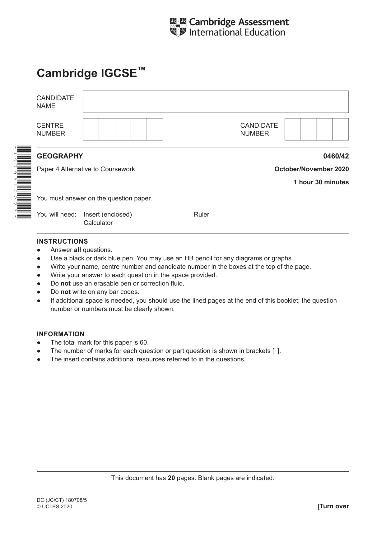 Cambridge IGCSE Geography 0460 2020 Oct/Nov Paper 4 · Variant 2 question paper, page 1 of 20