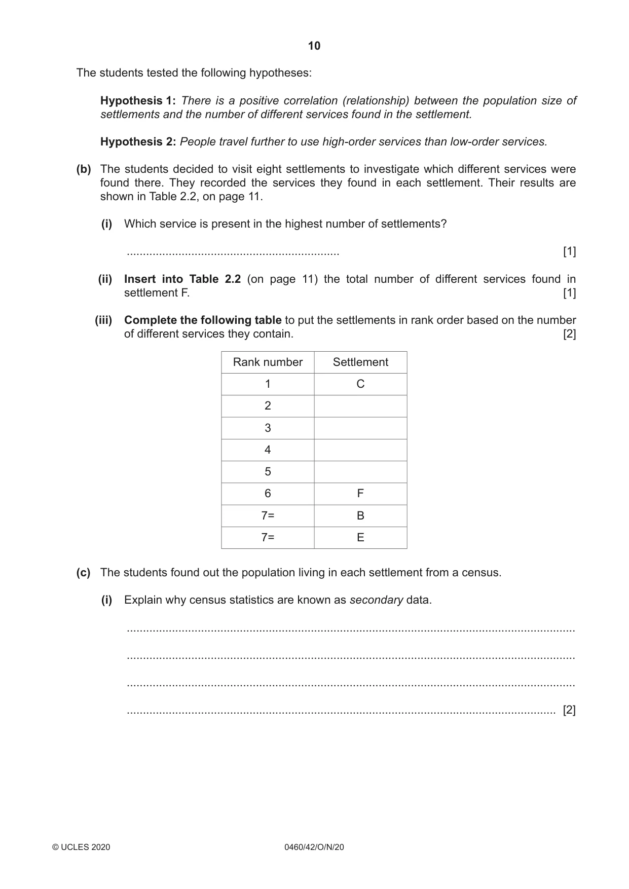 Cambridge IGCSE Geography 0460 2020 Oct/Nov Paper 4 · Variant 2 question paper, page 10 of 20