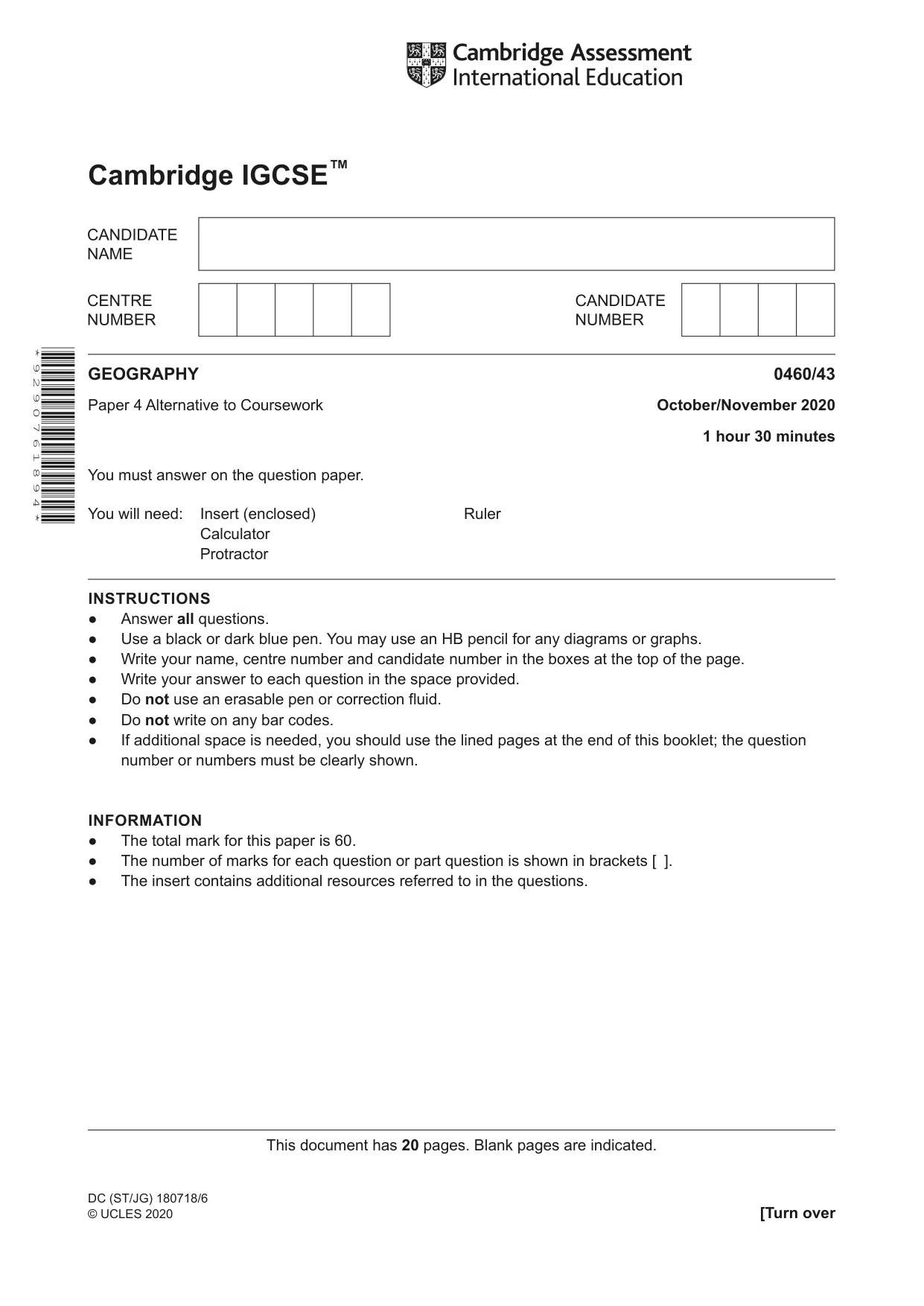 Cambridge IGCSE Geography 0460 2020 Oct/Nov Paper 4 · Variant 3 question paper, page 1 of 20