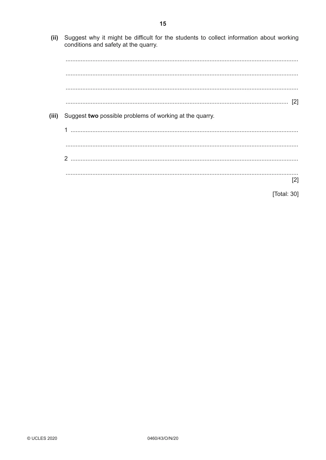 Cambridge IGCSE Geography 0460 2020 Oct/Nov Paper 4 · Variant 3 question paper, page 15 of 20