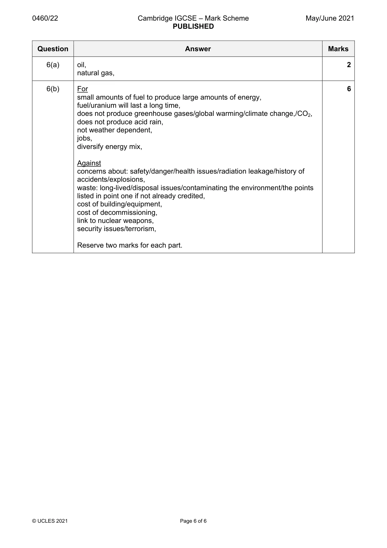 Mark scheme, page 6 of 6