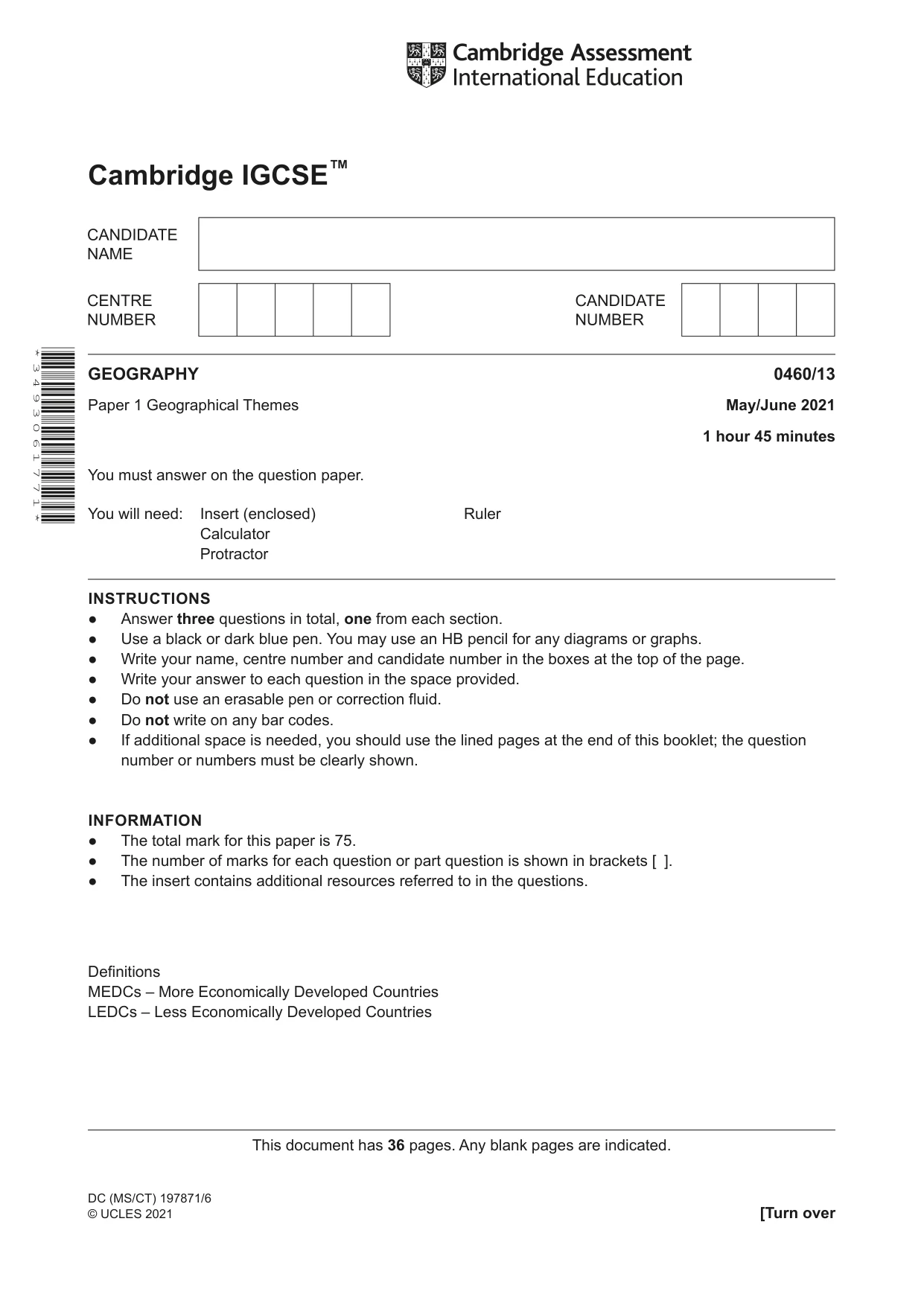 Cambridge IGCSE Geography 0460 2021 May/June Paper 1 · Variant 3 question paper, page 1 of 36