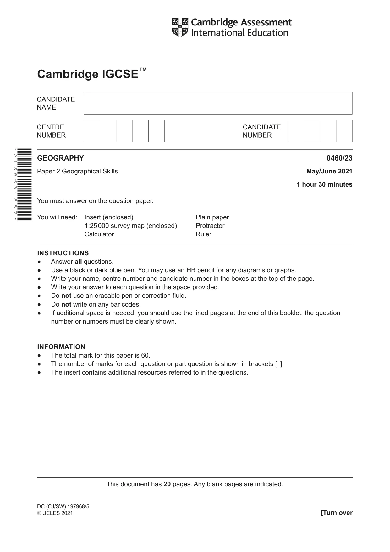 Cambridge IGCSE Geography 0460 2021 May/June Paper 2 · Variant 3 question paper, page 1 of 20