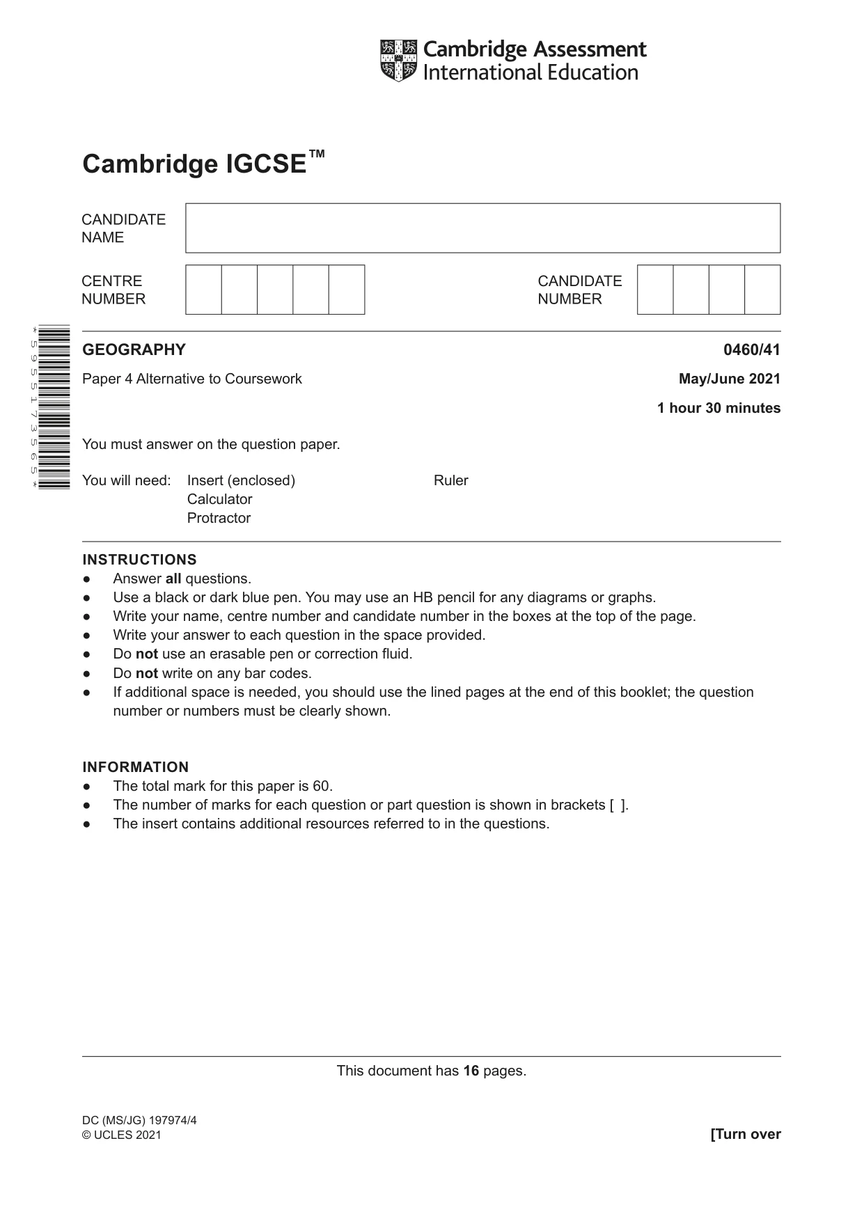 Cambridge IGCSE Geography 0460 2021 May/June Paper 4 · Variant 1 question paper, page 1 of 16