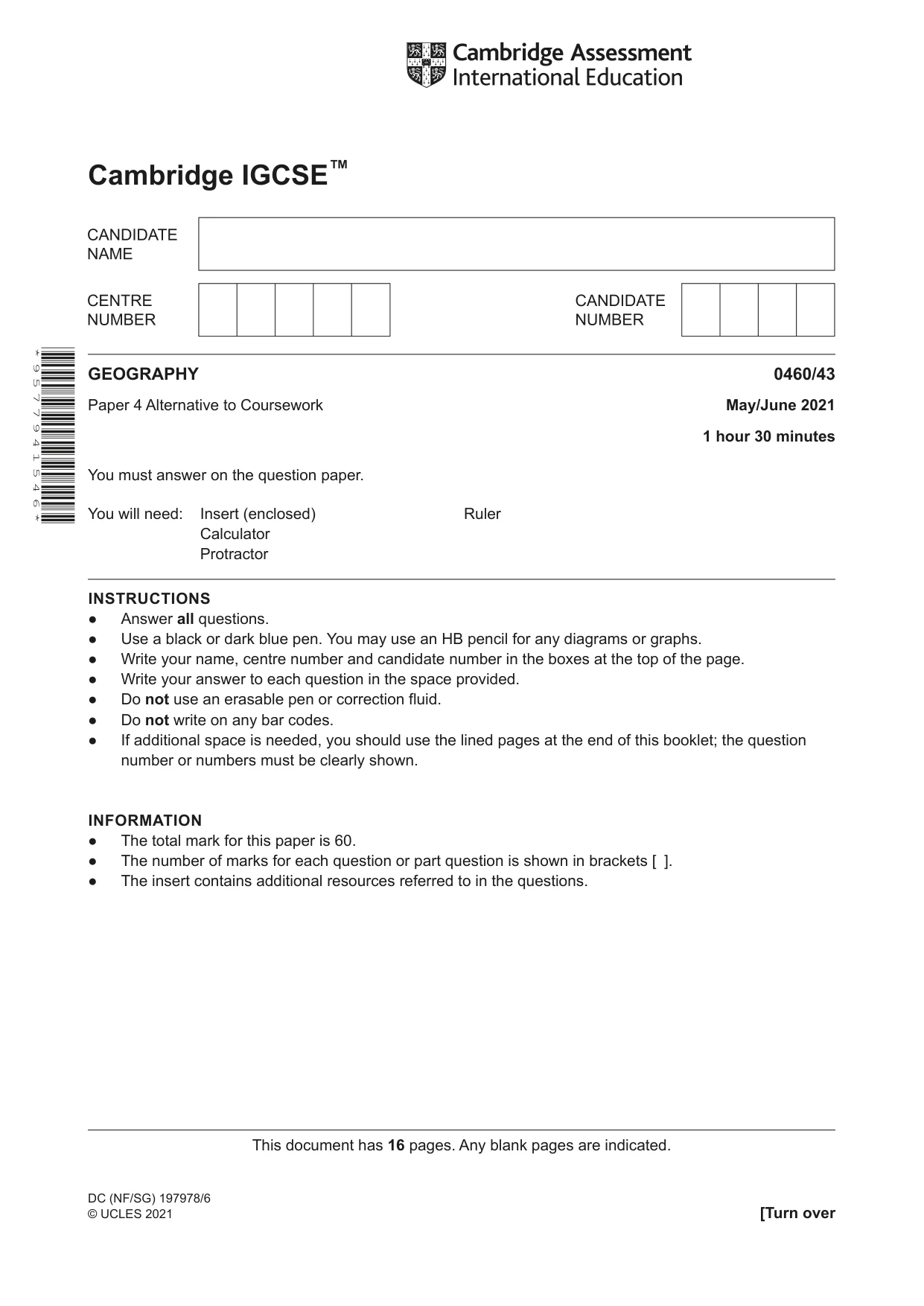 Cambridge IGCSE Geography 0460 2021 May/June Paper 4 · Variant 3 question paper, page 1 of 16