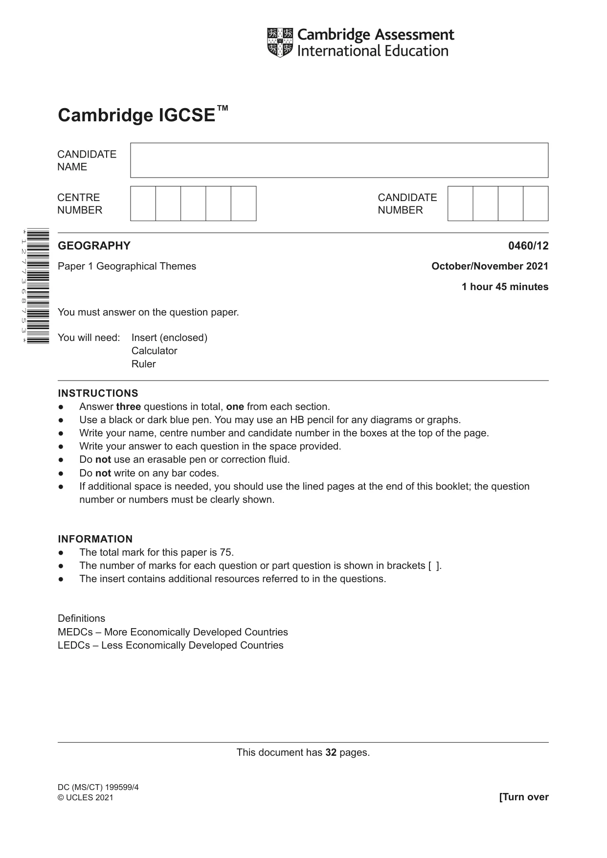 Cambridge IGCSE Geography 0460 2021 Oct/Nov Paper 1 · Variant 2 question paper, page 1 of 32