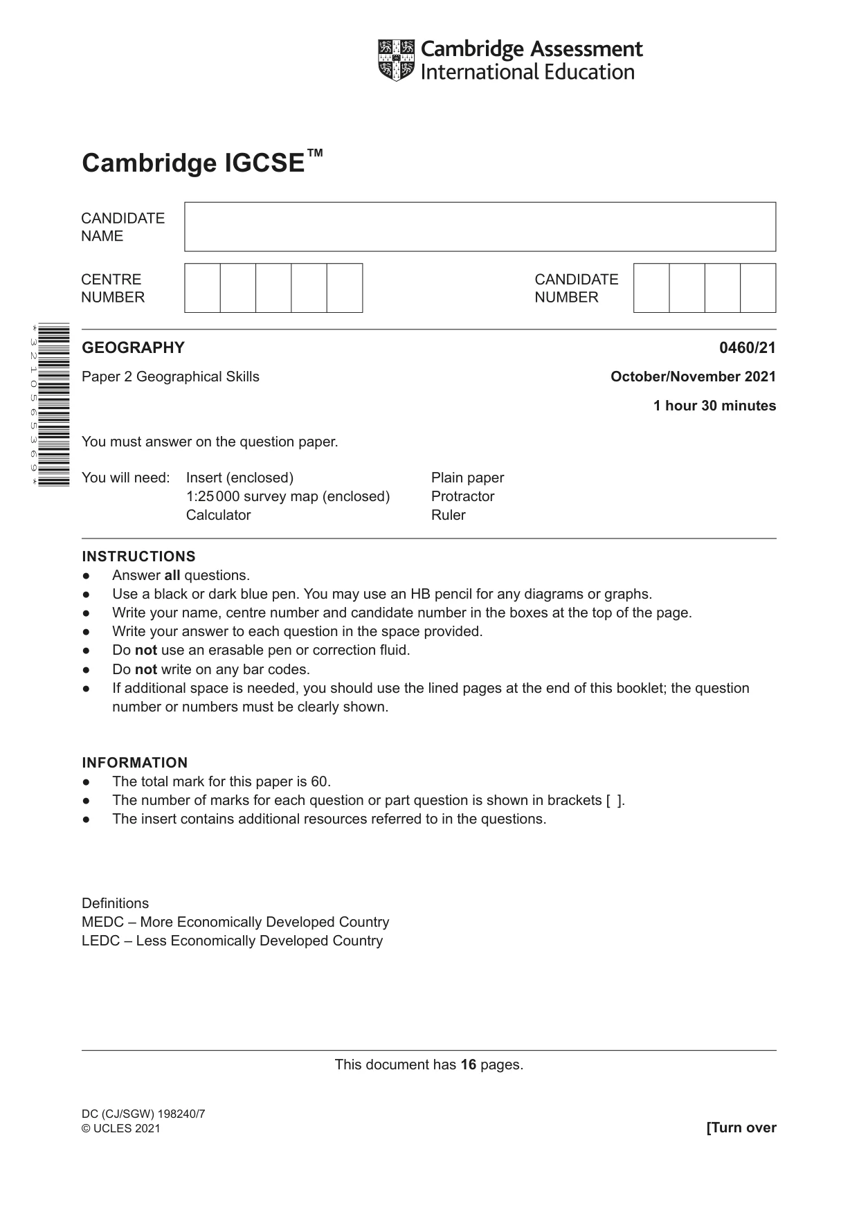 Cambridge IGCSE Geography 0460 2021 Oct/Nov Paper 2 · Variant 1 question paper, page 1 of 16