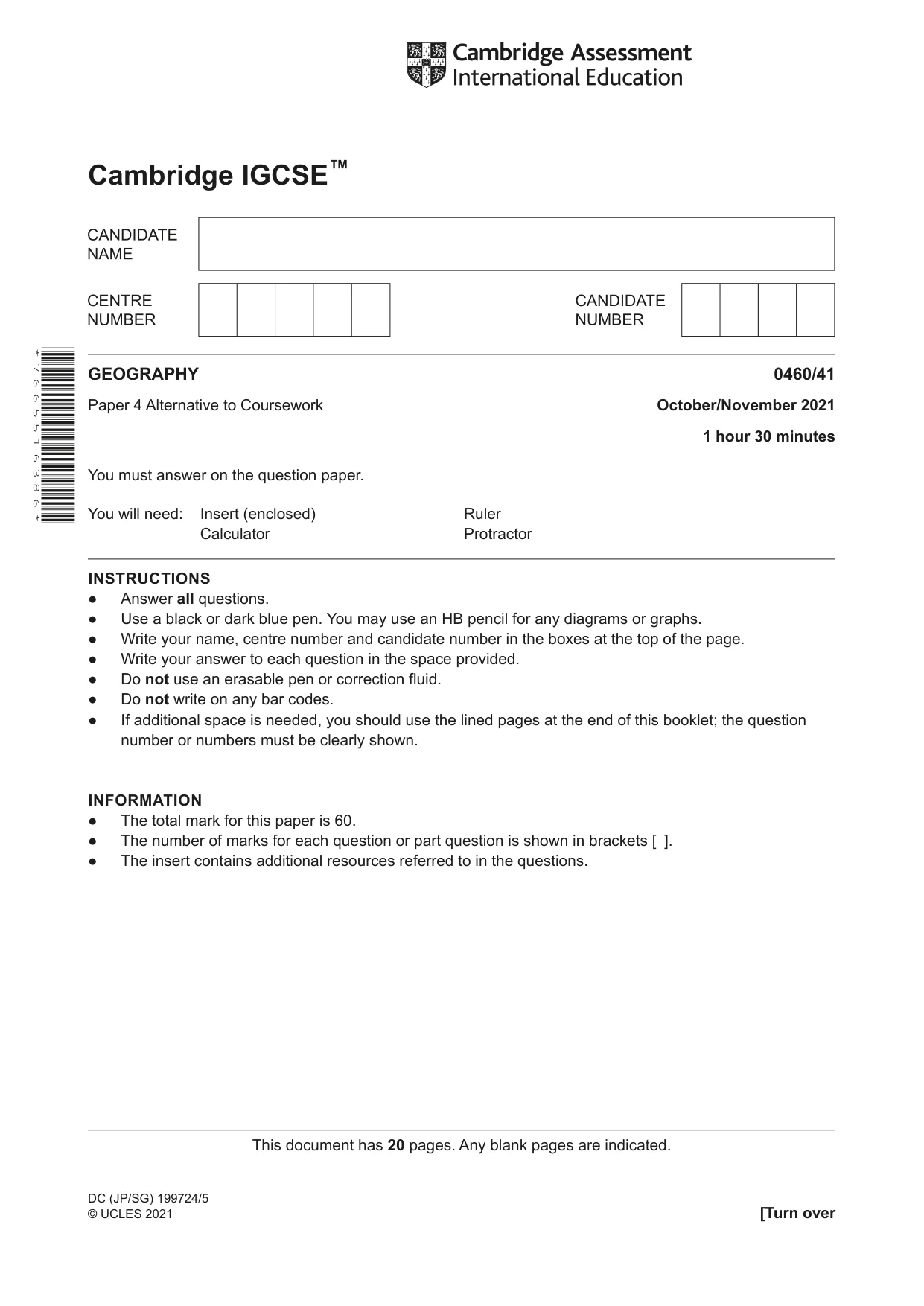Cambridge IGCSE Geography 0460 2021 Oct/Nov Paper 4 · Variant 1 question paper, page 1 of 20