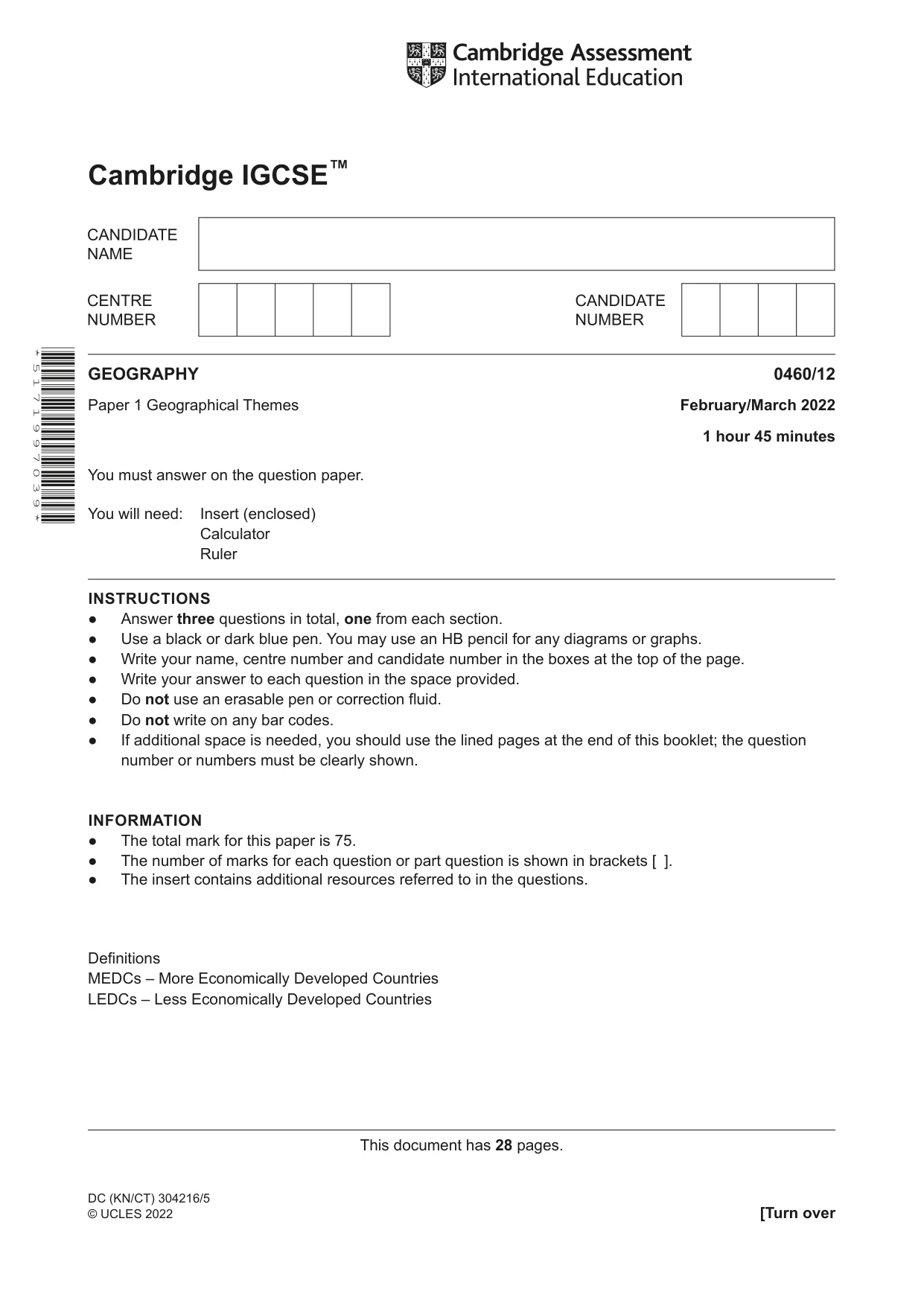 Cambridge IGCSE Geography 0460 2022 Feb/March Paper 1 · Variant 2 question paper, page 1 of 28