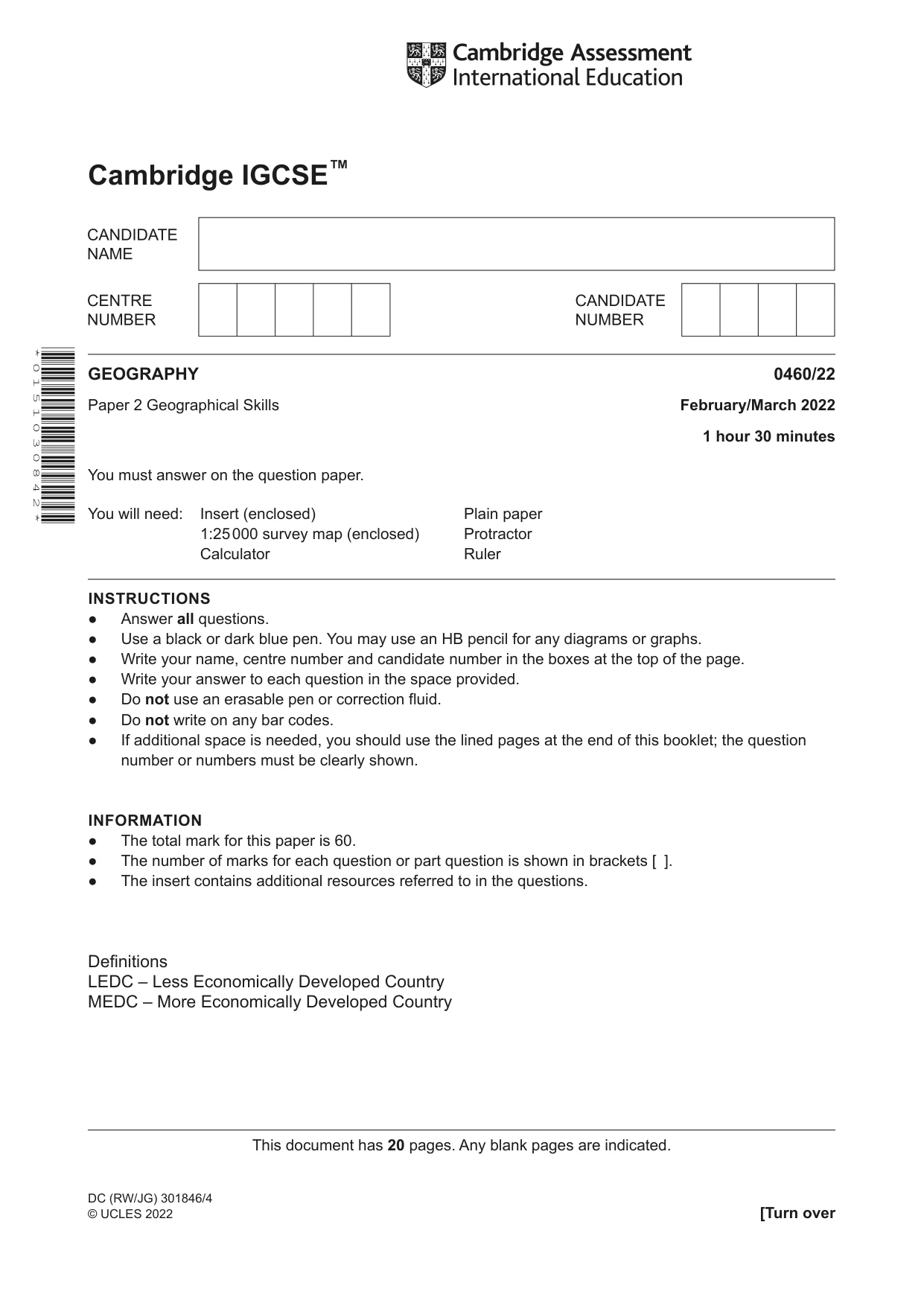Cambridge IGCSE Geography 0460 2022 Feb/March Paper 2 · Variant 2 question paper, page 1 of 20