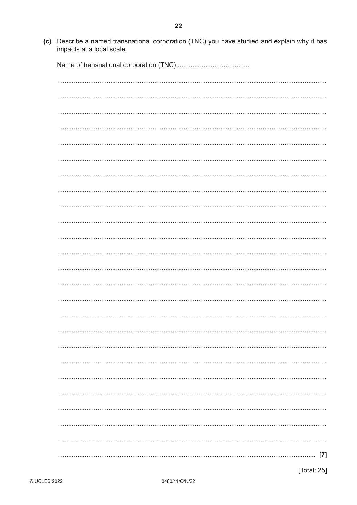 Cambridge IGCSE Geography 0460 2022 Oct/Nov Paper 1 · Variant 1 question paper, page 22 of 28