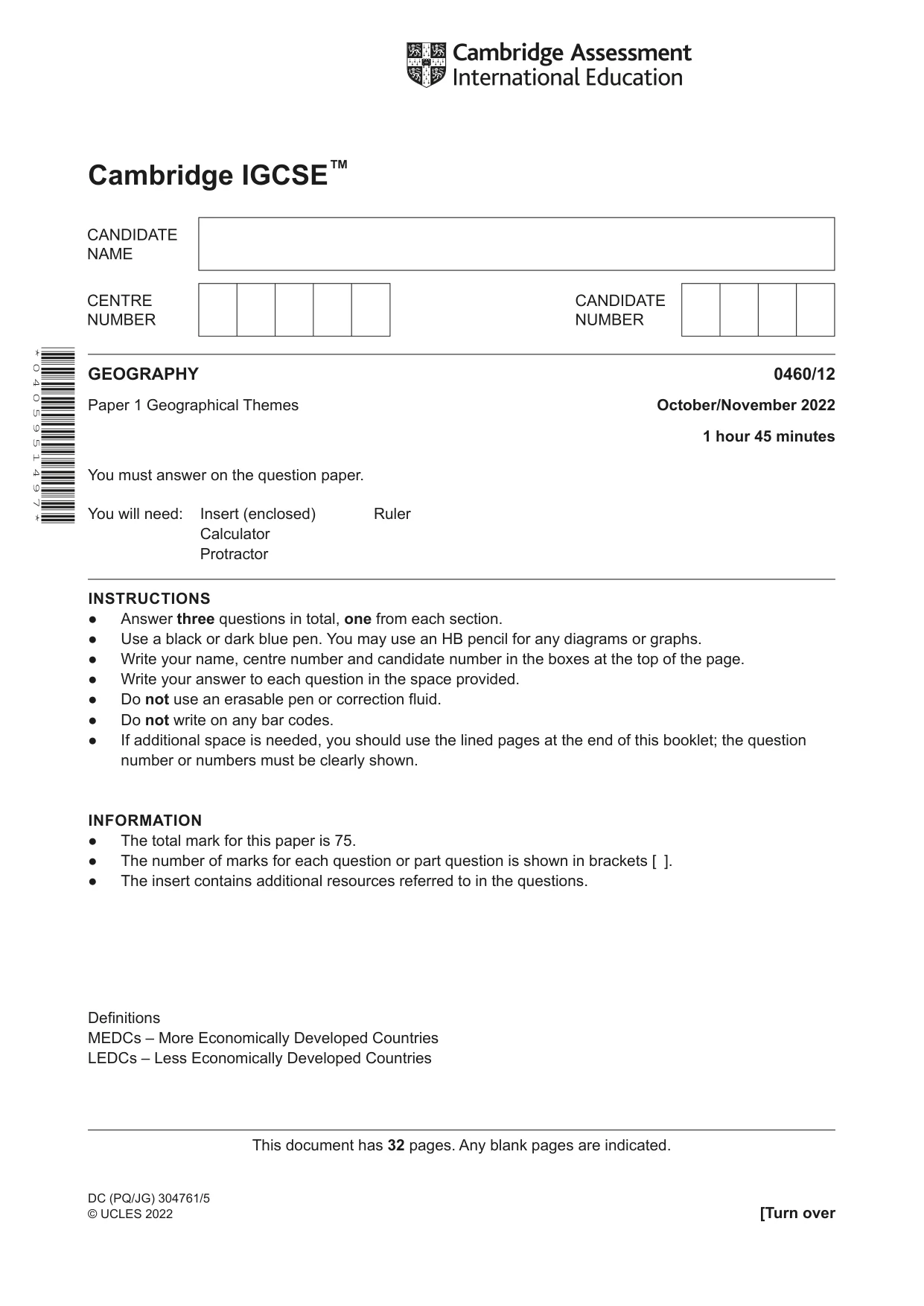 Cambridge IGCSE Geography 0460 2022 Oct/Nov Paper 1 · Variant 2 question paper, page 1 of 32