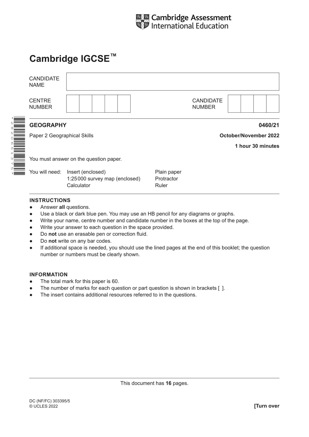 Cambridge IGCSE Geography 0460 2022 Oct/Nov Paper 2 · Variant 1 question paper, page 1 of 16