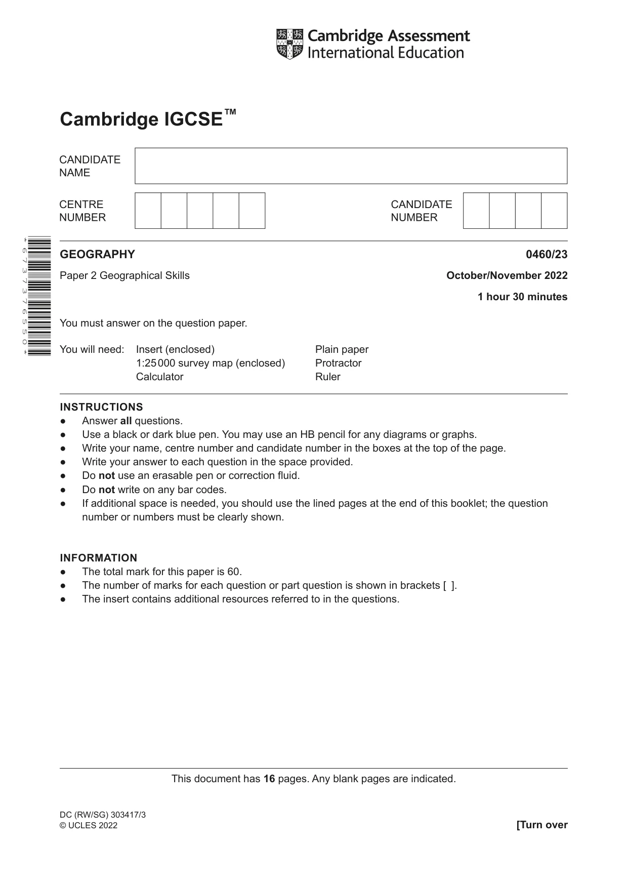 Cambridge IGCSE Geography 0460 2022 Oct/Nov Paper 2 · Variant 3 question paper, page 1 of 16