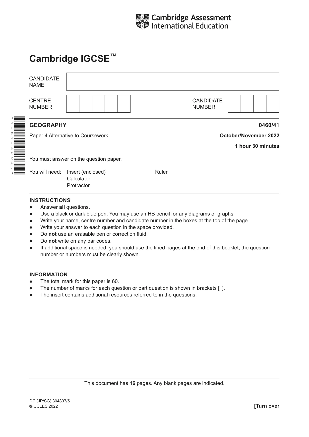 Cambridge IGCSE Geography 0460 2022 Oct/Nov Paper 4 · Variant 1 question paper, page 1 of 16