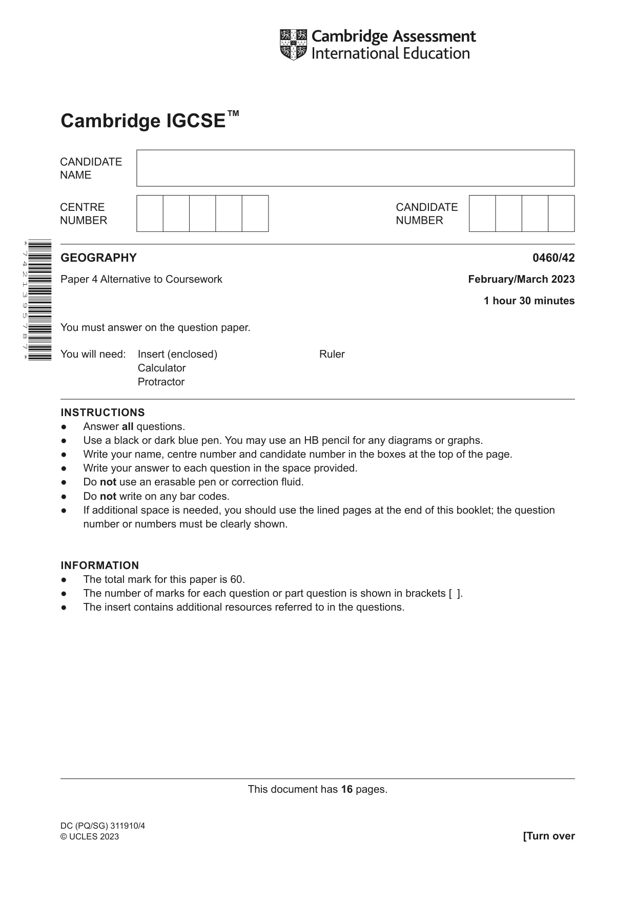 Cambridge IGCSE Geography 0460 2023 Feb/March Paper 4 · Variant 2 question paper, page 1 of 16