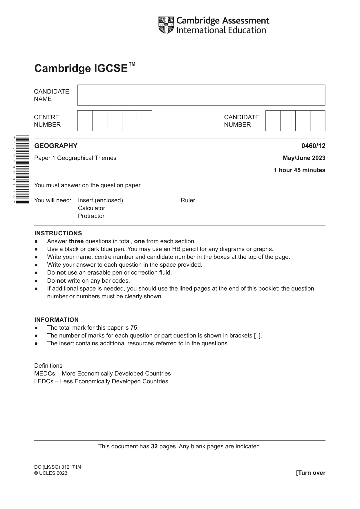 Cambridge IGCSE Geography 0460 2023 May/June Paper 1 · Variant 2 question paper, page 1 of 32