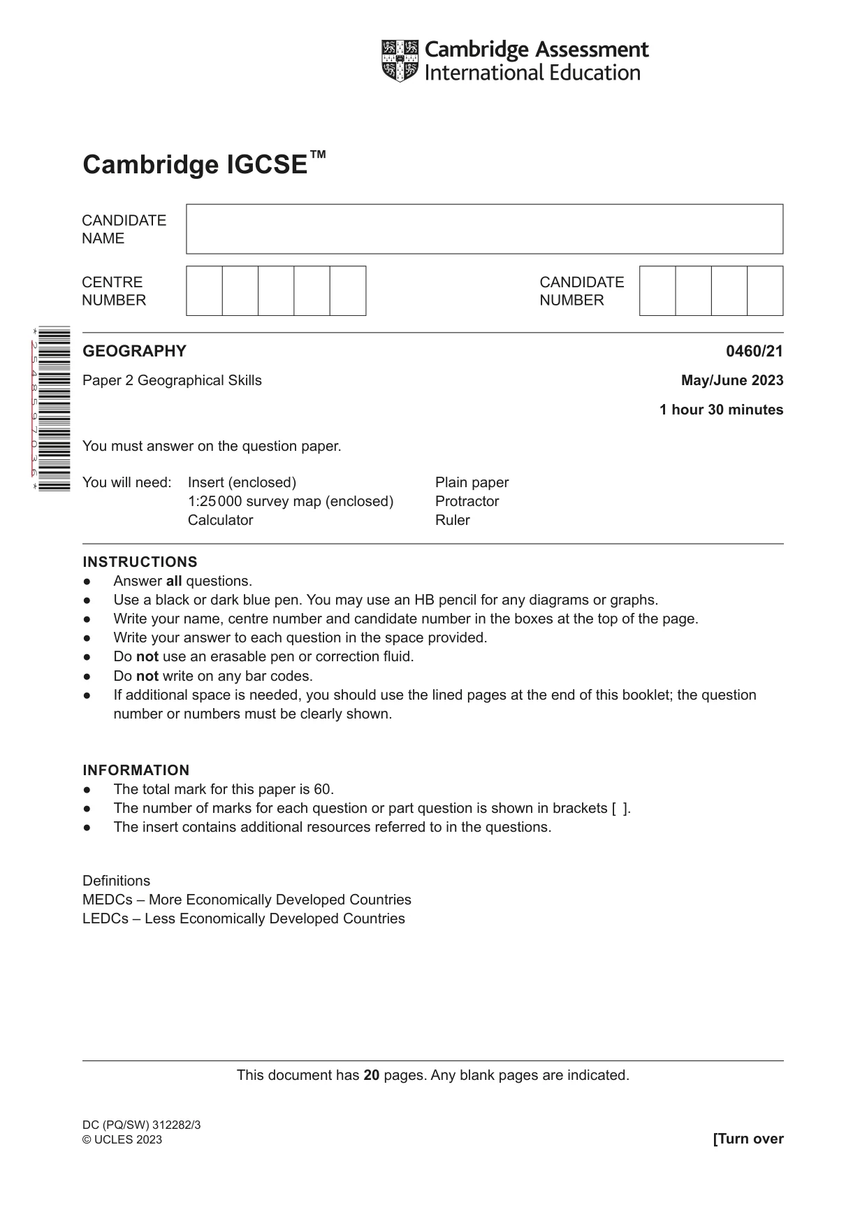 Cambridge IGCSE Geography 0460 2023 May/June Paper 2 · Variant 1 question paper, page 1 of 20