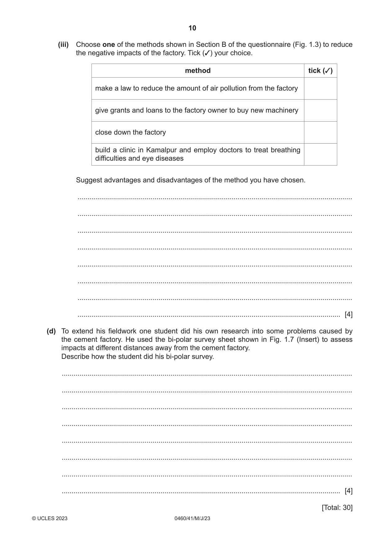 Cambridge IGCSE Geography 0460 2023 May/June Paper 4 · Variant 1 question paper, page 10 of 20