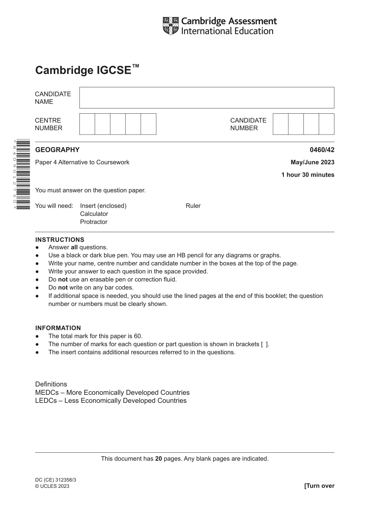 Cambridge IGCSE Geography 0460 2023 May/June Paper 4 · Variant 2 question paper, page 1 of 20