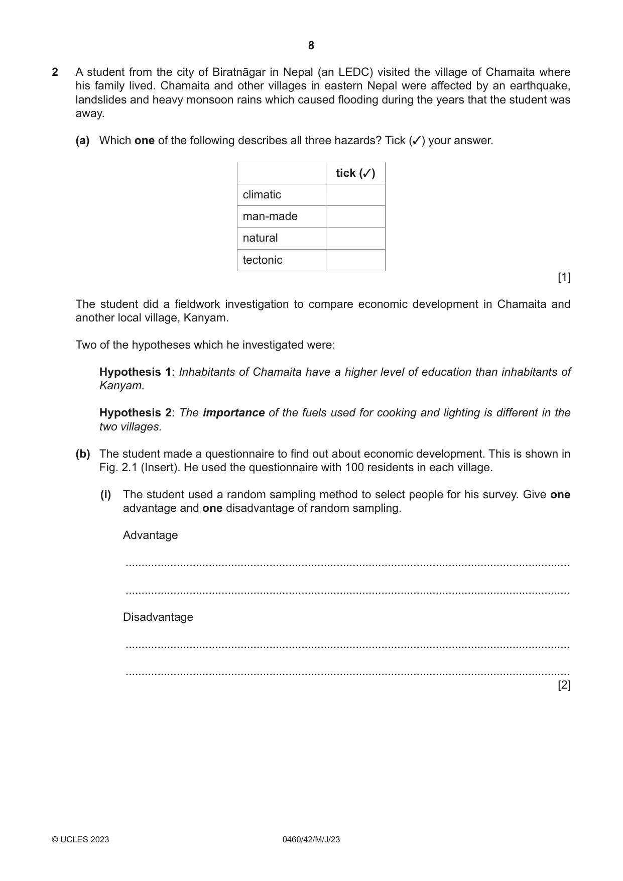 Cambridge IGCSE Geography 0460 2023 May/June Paper 4 · Variant 2 question paper, page 8 of 20