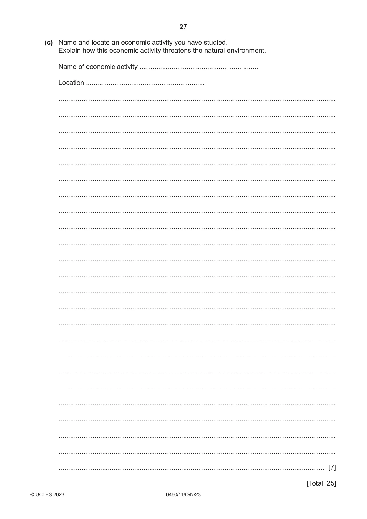 Cambridge IGCSE Geography 0460 2023 Oct/Nov Paper 1 · Variant 1 question paper, page 27 of 28
