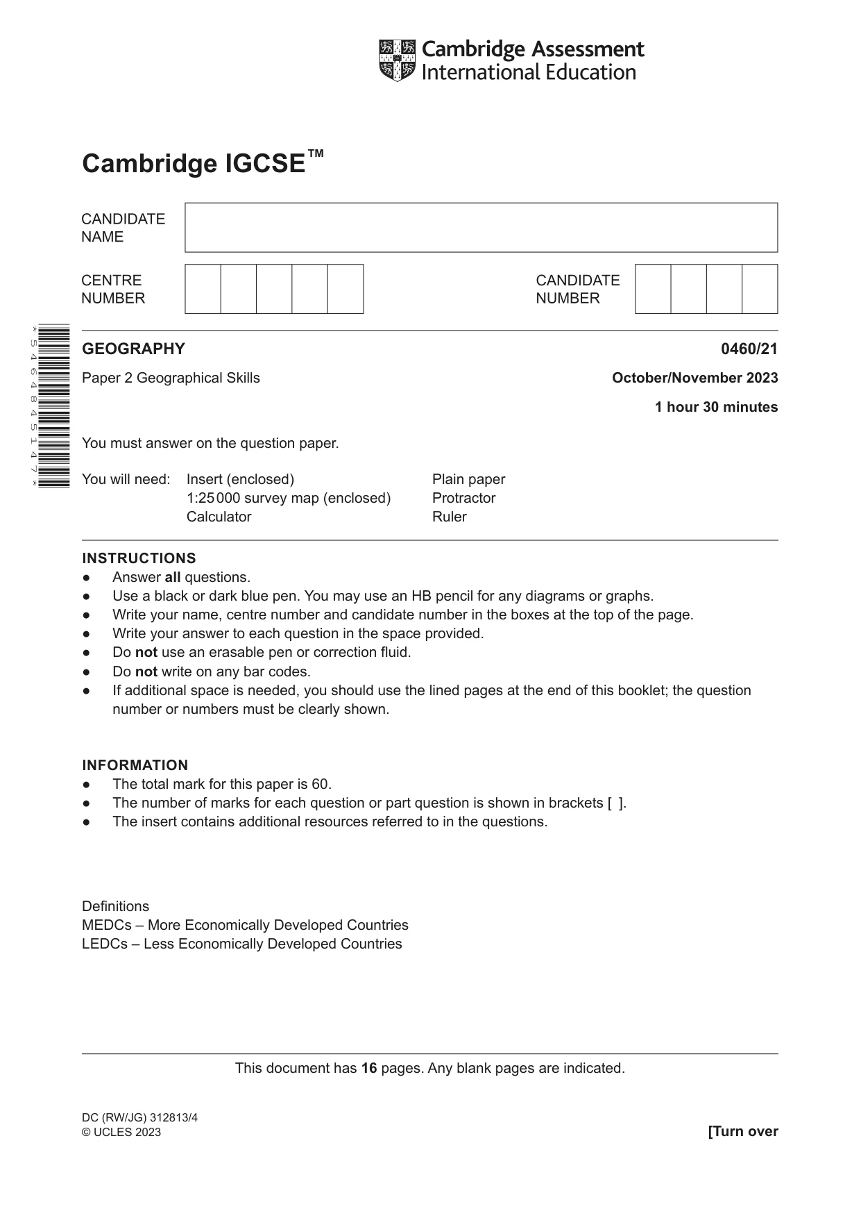 Cambridge IGCSE Geography 0460 2023 Oct/Nov Paper 2 · Variant 1 question paper, page 1 of 16