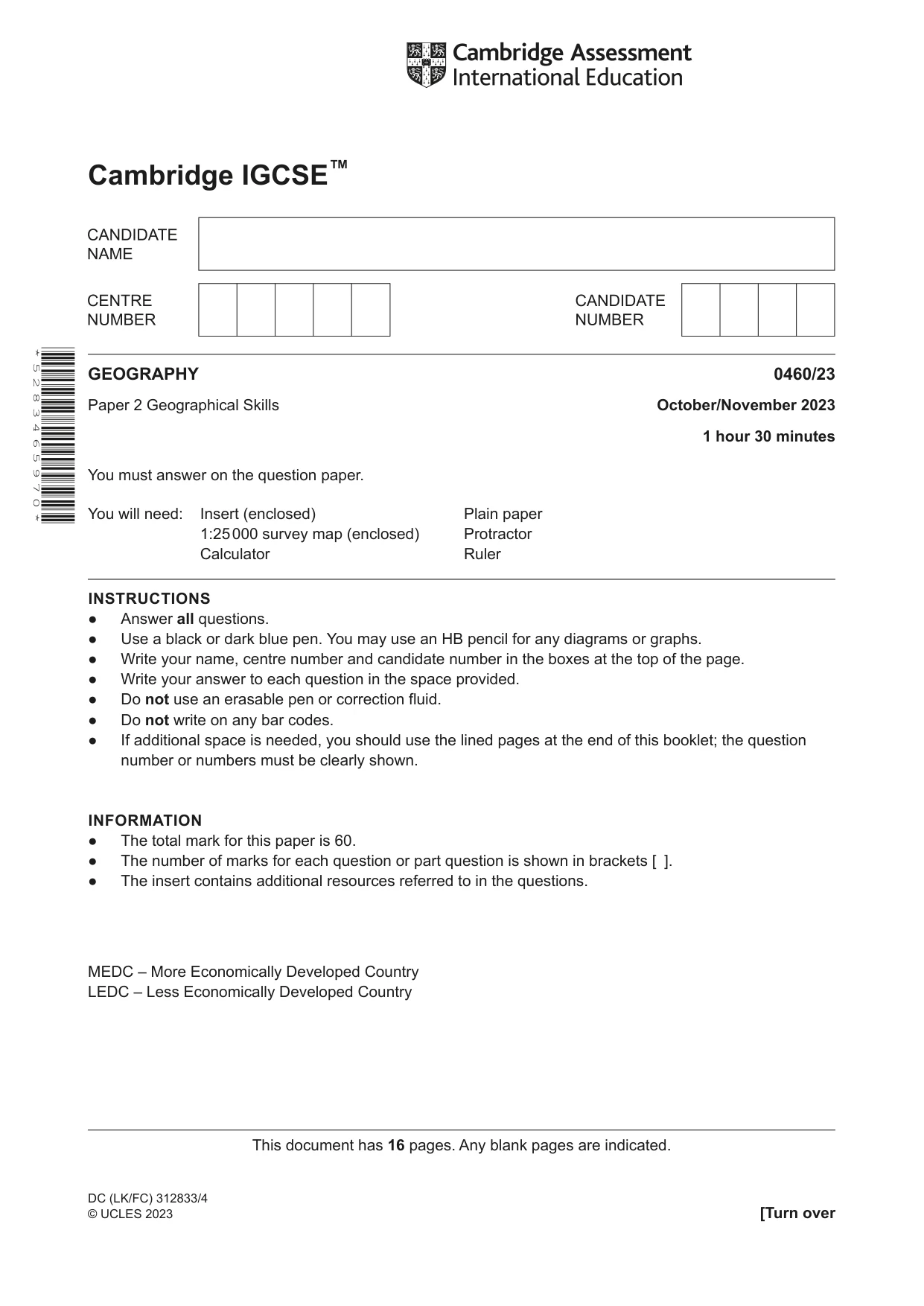 Cambridge IGCSE Geography 0460 2023 Oct/Nov Paper 2 · Variant 3 question paper, page 1 of 16
