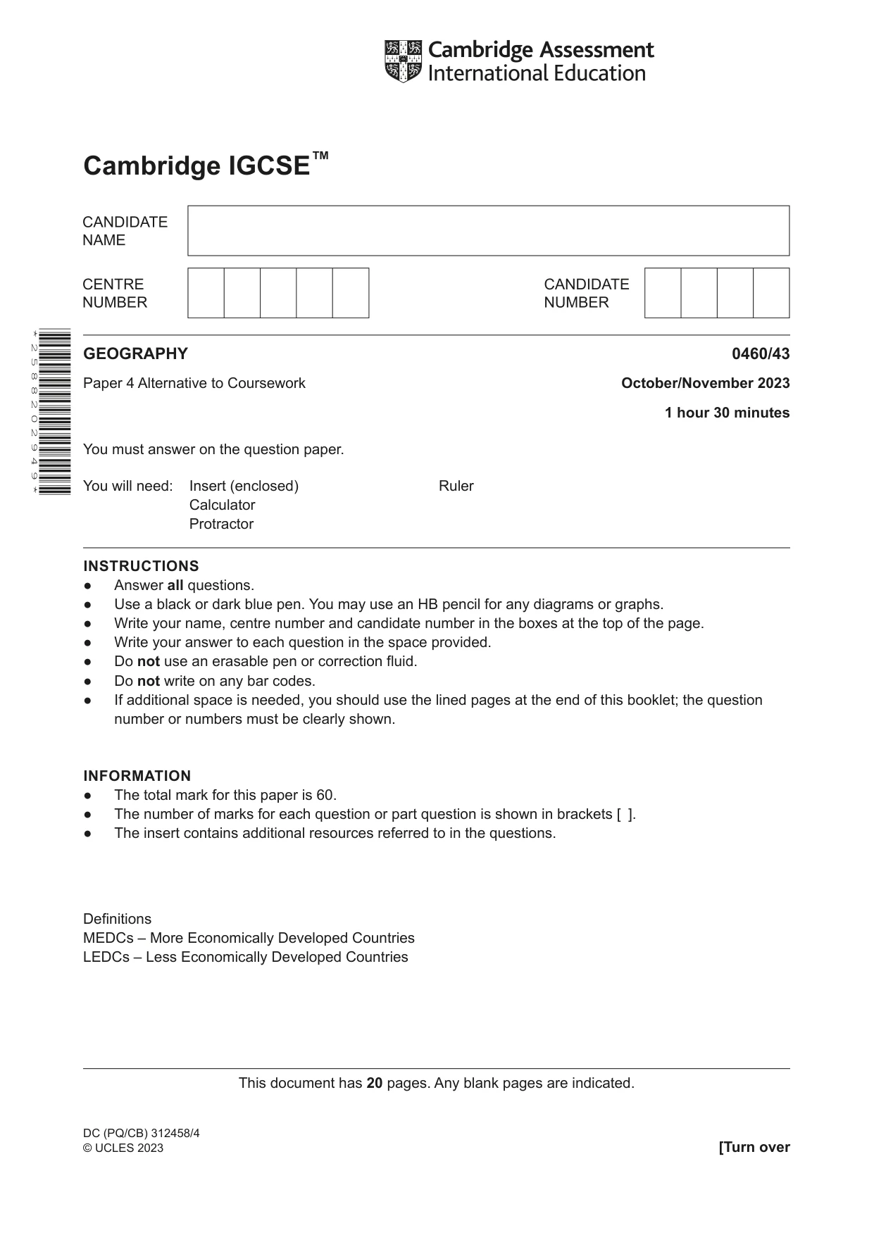 Cambridge IGCSE Geography 0460 2023 Oct/Nov Paper 4 · Variant 3 question paper, page 1 of 20