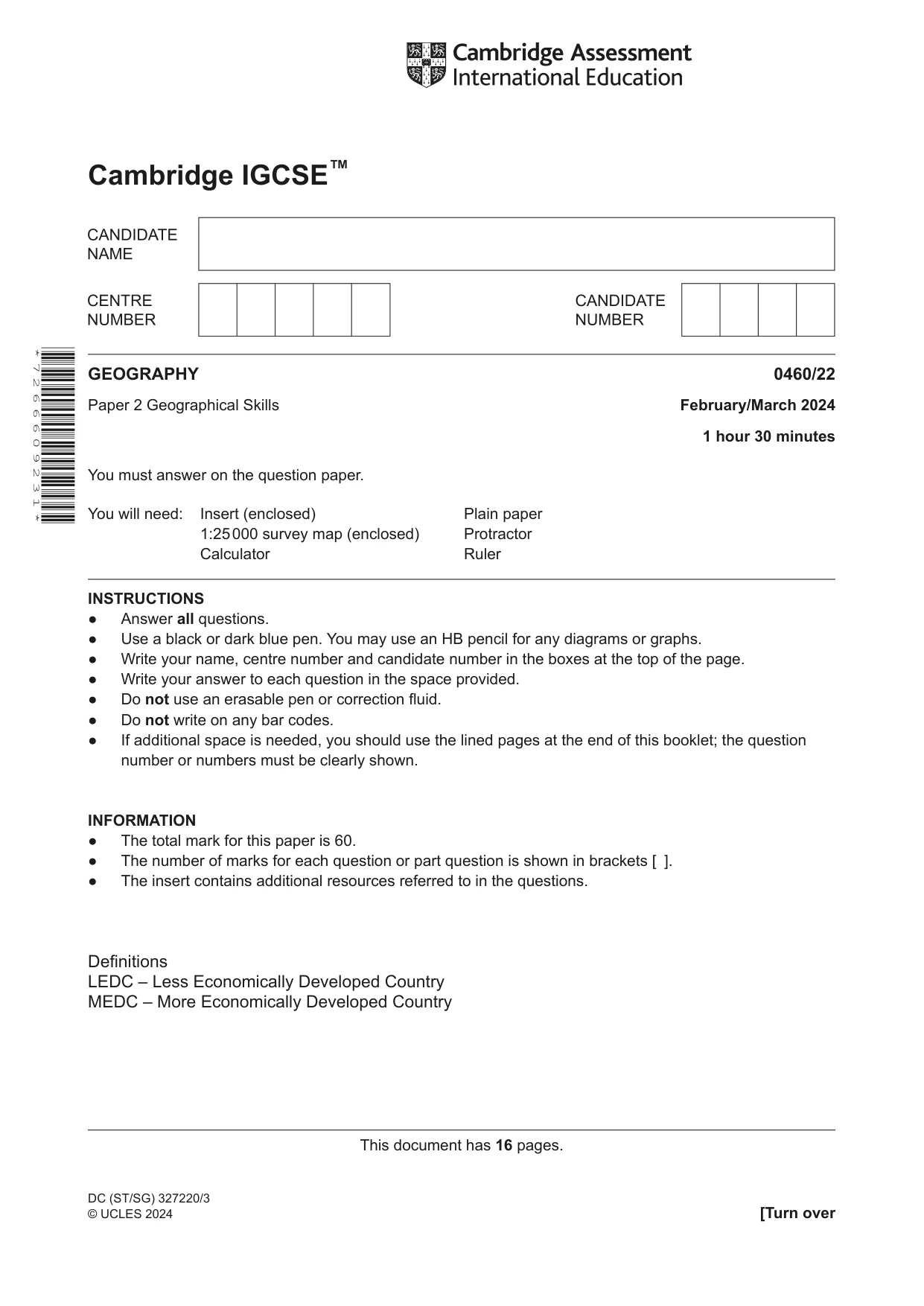 Cambridge IGCSE Geography 0460 2024 Feb/March Paper 2 · Variant 2 question paper, page 1 of 16