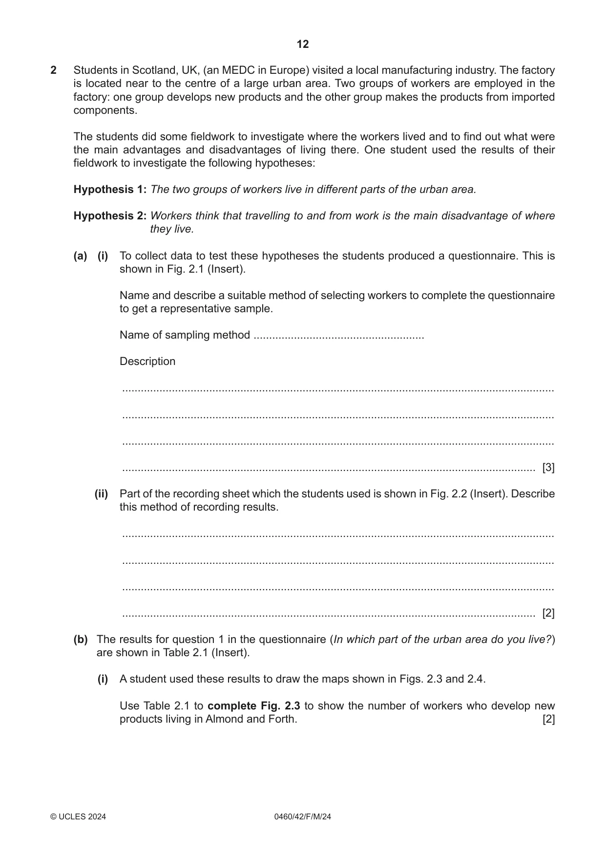 Cambridge IGCSE Geography 0460 2024 Feb/March Paper 4 · Variant 2 question paper, page 12 of 20