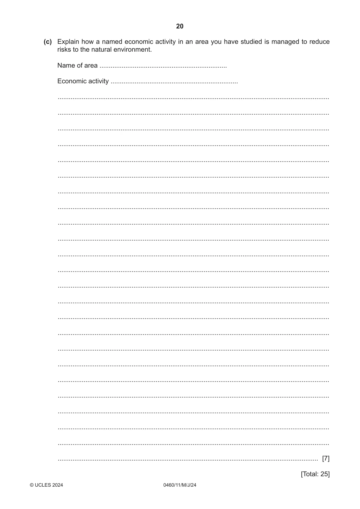 Cambridge IGCSE Geography 0460 2024 May/June Paper 1 · Variant 1 question paper, page 20 of 28