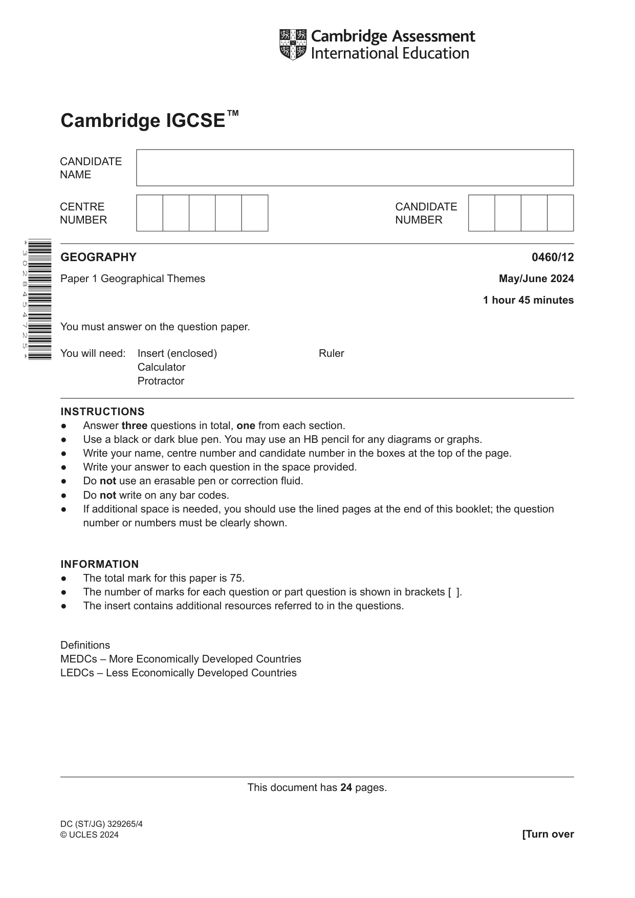 Cambridge IGCSE Geography 0460 2024 May/June Paper 1 · Variant 2 question paper, page 1 of 24