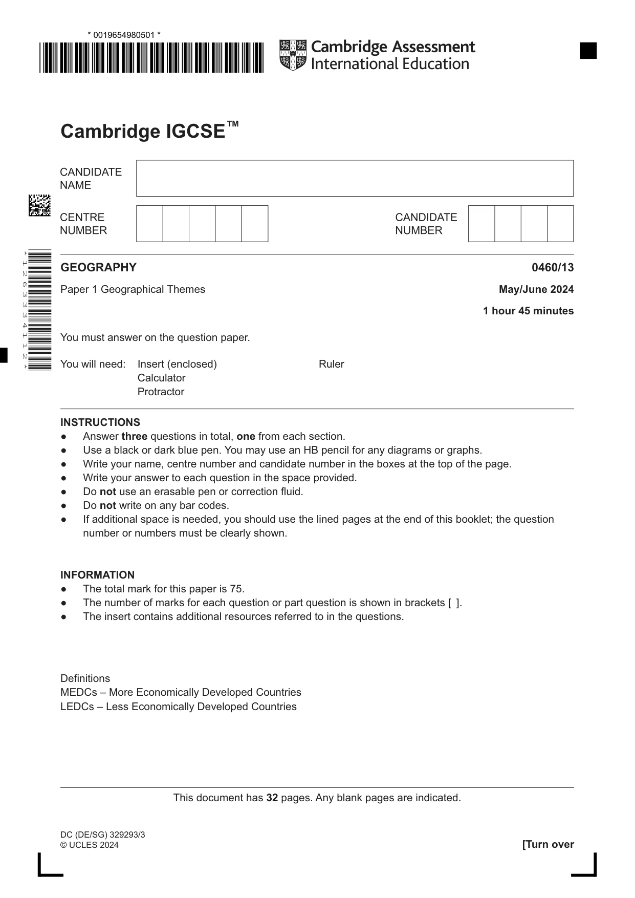 Cambridge IGCSE Geography 0460 2024 May/June Paper 1 · Variant 3 question paper, page 1 of 32