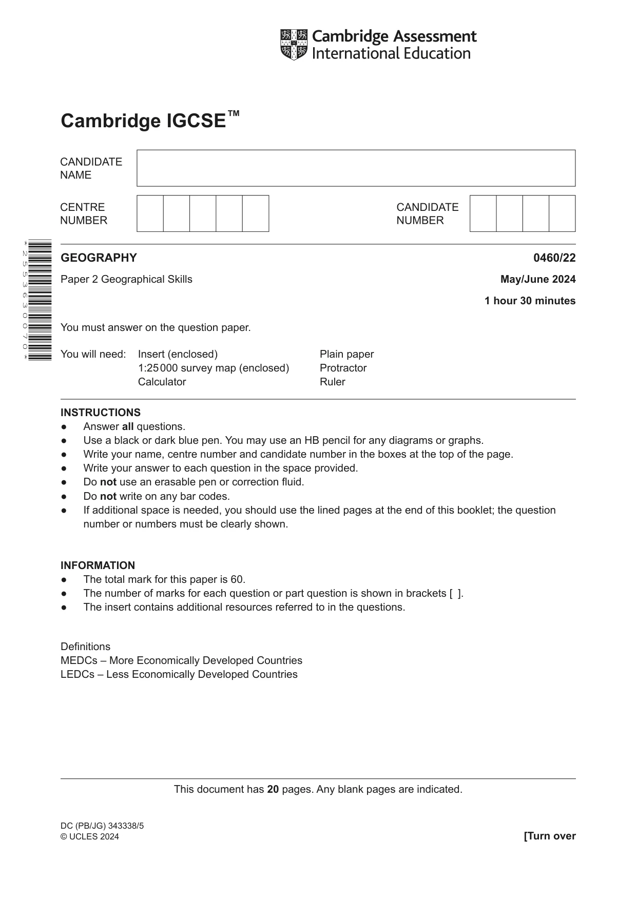 Cambridge IGCSE Geography 0460 2024 May/June Paper 2 · Variant 2 question paper, page 1 of 20