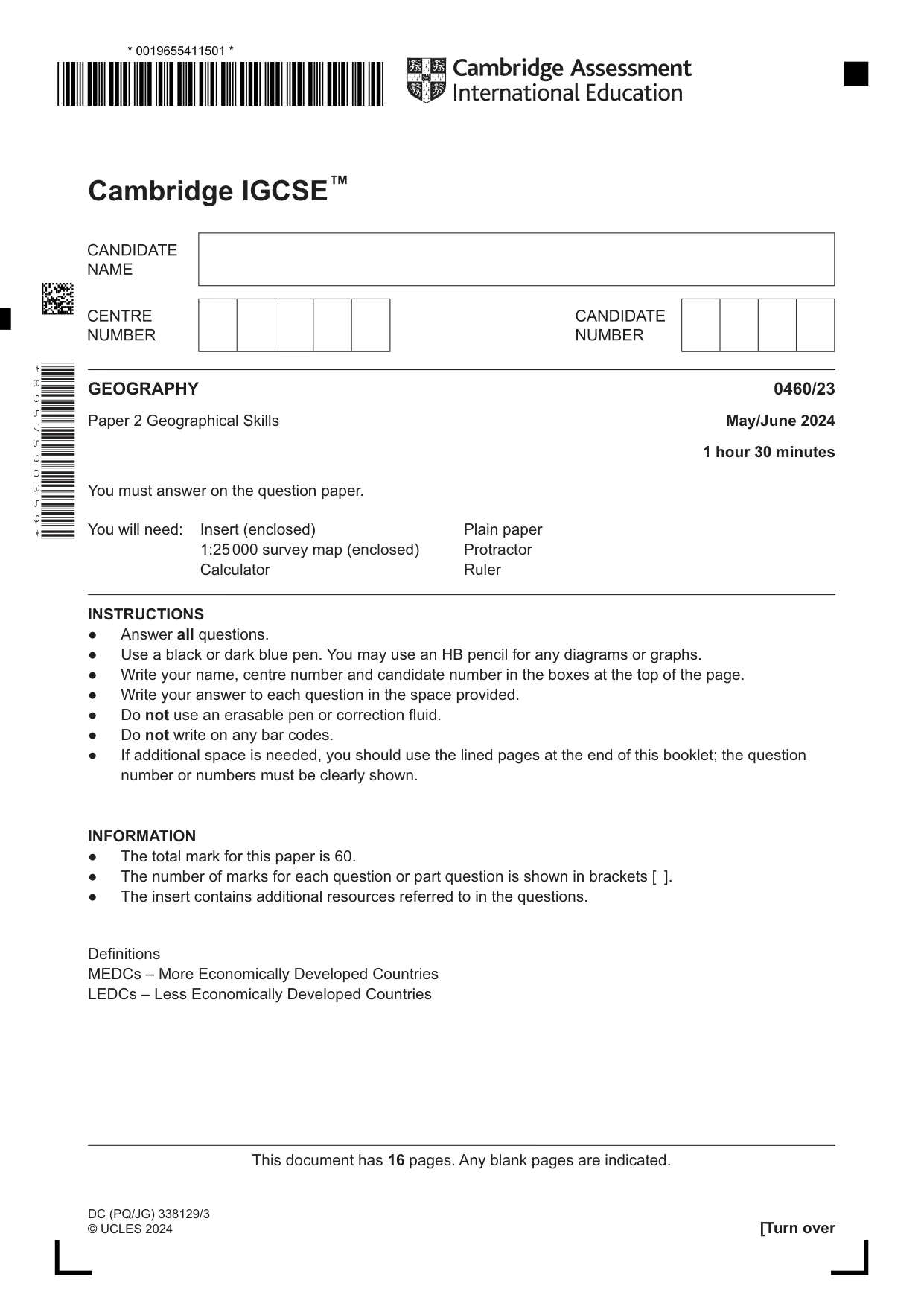 Cambridge IGCSE Geography 0460 2024 May/June Paper 2 · Variant 3 question paper, page 1 of 16