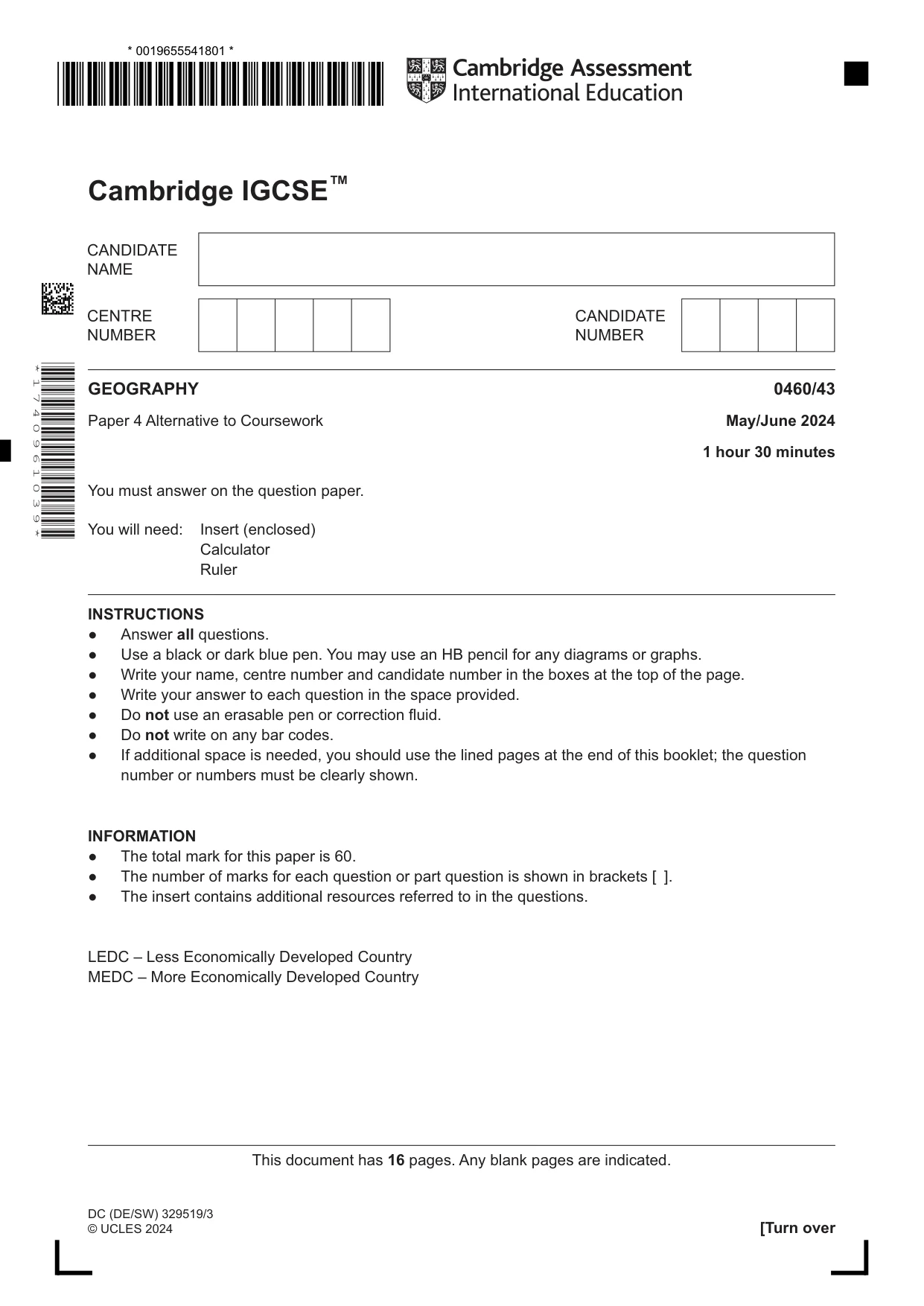 Cambridge IGCSE Geography 0460 2024 May/June Paper 4 · Variant 3 question paper, page 1 of 16