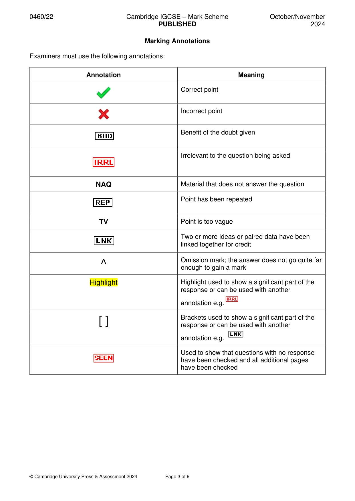 Mark scheme, page 3 of 9