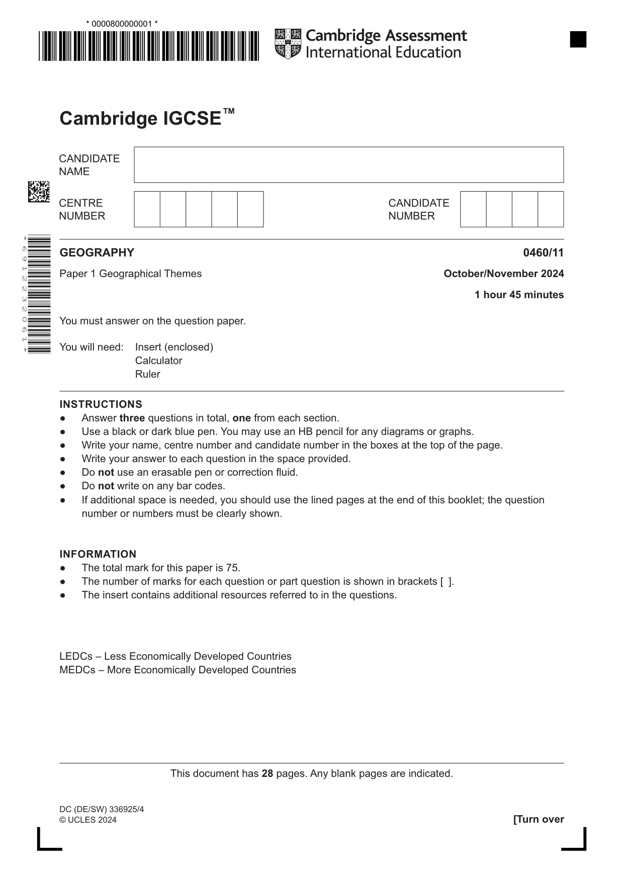 Cambridge IGCSE Geography 0460 2024 Oct/Nov Paper 1 · Variant 1 question paper, page 1 of 28