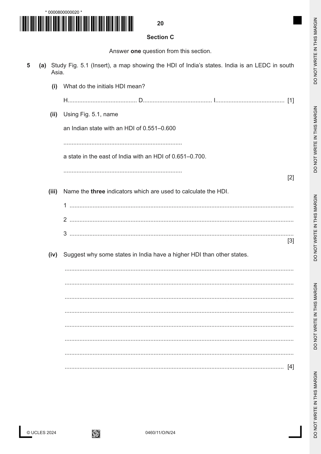 Cambridge IGCSE Geography 0460 2024 Oct/Nov Paper 1 · Variant 1 question paper, page 20 of 28
