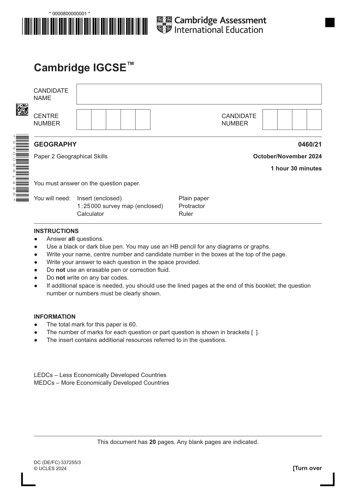 Cambridge IGCSE Geography 0460 2024 Oct/Nov Paper 2 · Variant 1 question paper, page 1 of 20