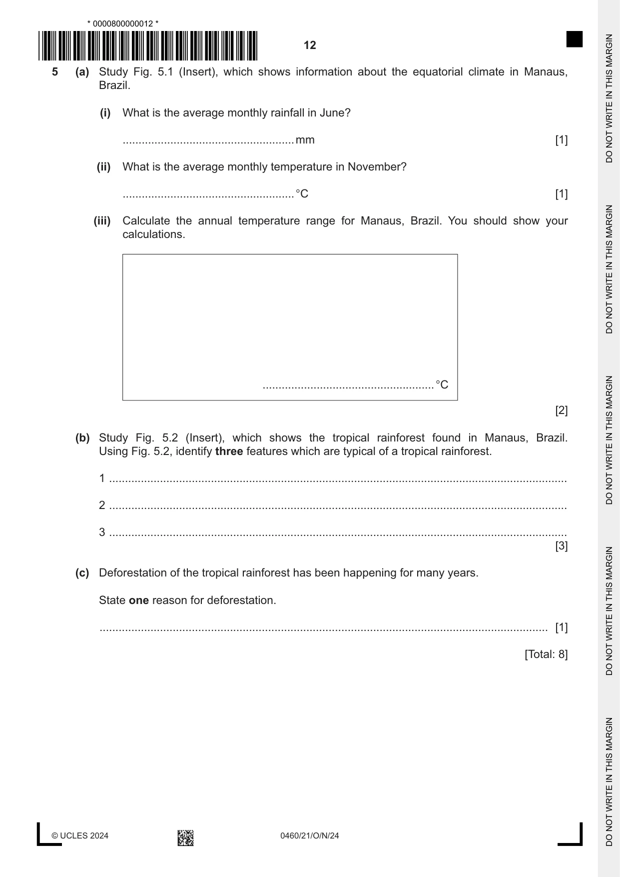 Cambridge IGCSE Geography 0460 2024 Oct/Nov Paper 2 · Variant 1 question paper, page 12 of 20