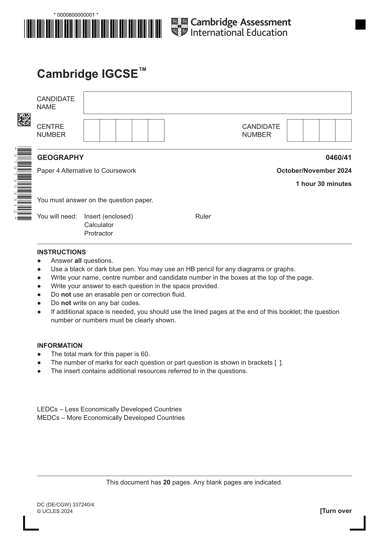 Cambridge IGCSE Geography 0460 2024 Oct/Nov Paper 4 · Variant 1 question paper, page 1 of 20