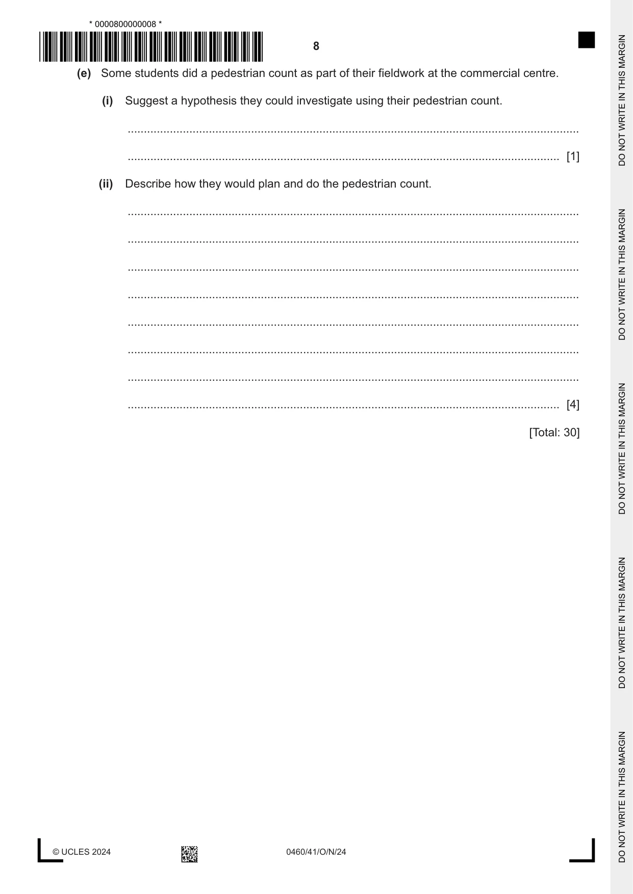 Cambridge IGCSE Geography 0460 2024 Oct/Nov Paper 4 · Variant 1 question paper, page 8 of 20