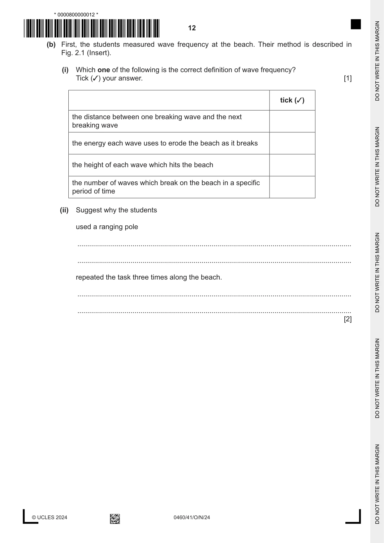 Cambridge IGCSE Geography 0460 2024 Oct/Nov Paper 4 · Variant 1 question paper, page 12 of 20
