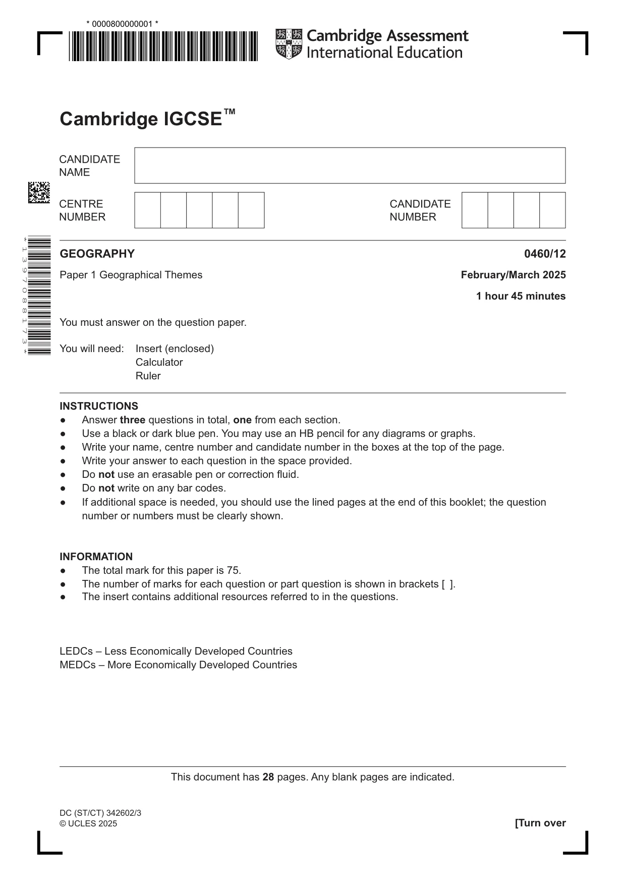 Cambridge IGCSE Geography 0460 2025 Feb/March Paper 1 · Variant 2 question paper, page 1 of 28