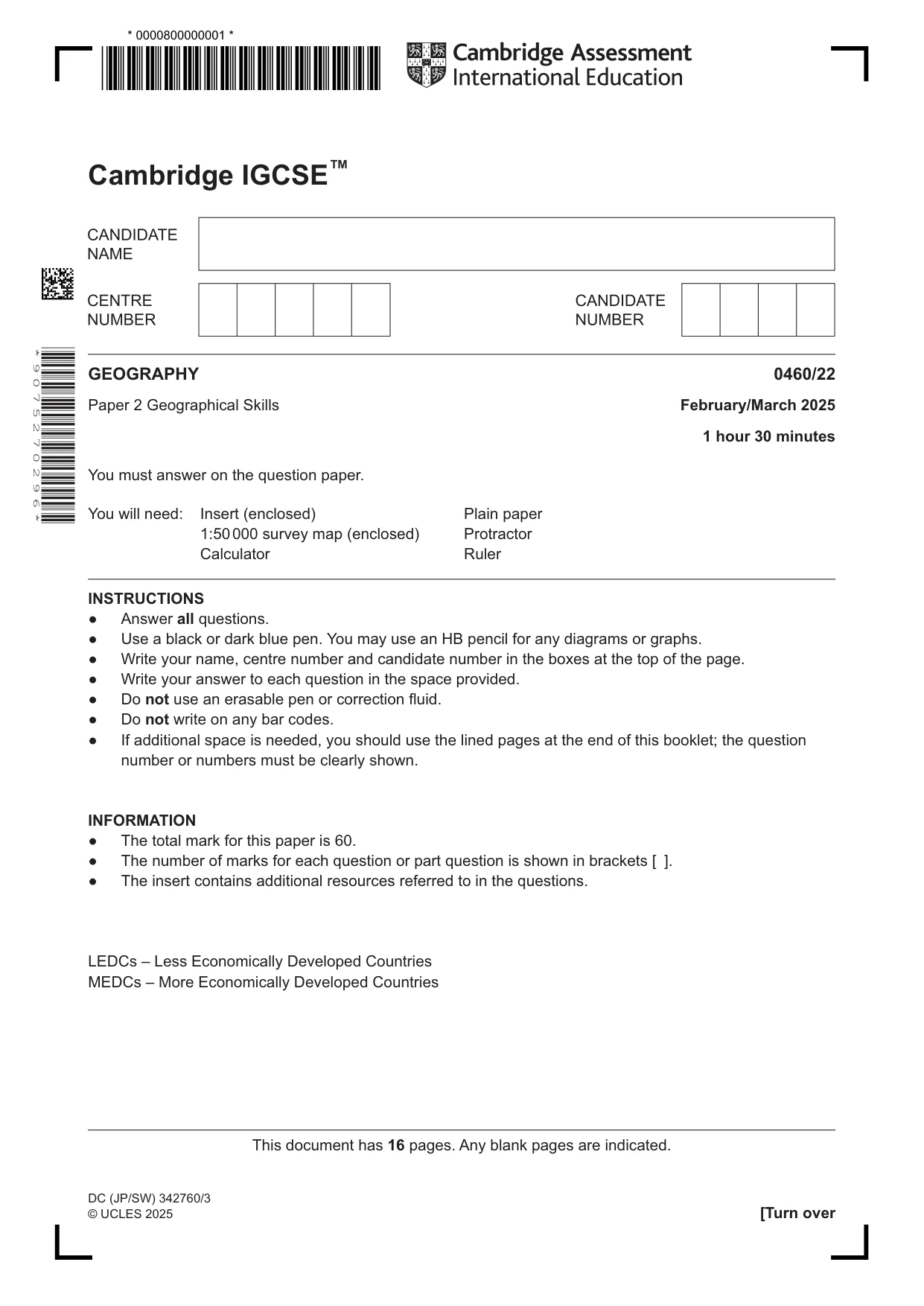 Cambridge IGCSE Geography 0460 2025 Feb/March Paper 2 · Variant 2 question paper, page 1 of 16