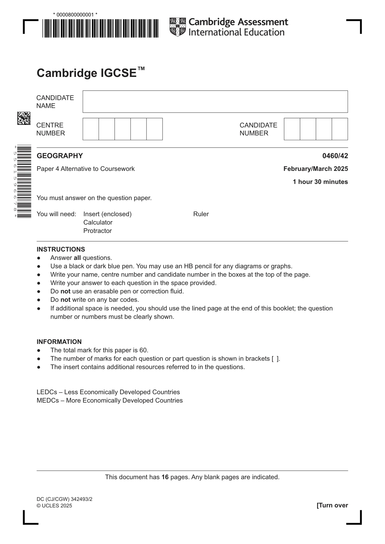 Cambridge IGCSE Geography 0460 2025 Feb/March Paper 4 · Variant 2 question paper, page 1 of 16