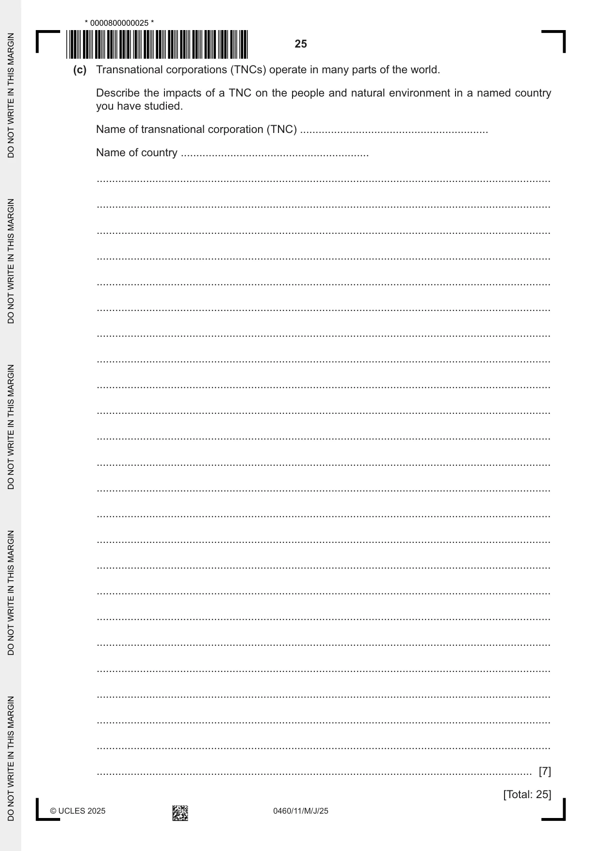 Cambridge IGCSE Geography 0460 2025 May/June Paper 1 · Variant 1 question paper, page 25 of 28